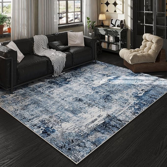Area Rug 5x7 Washable Rug Boho Soft Abstract Pattern Non-Slip Non-Shedding Faux Wool Vintage for Living Room, Bedroom, Farmhouse, Dining Room, Indoor, Kids Playroom, Blue
