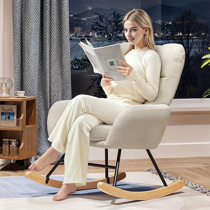 Rocking Chair Nursery, Teddy Baby Nursery Rocking Chairs, Modern Nursing Chair for Breastfeeding, Nursery Rocker for Small Spaces Indoor, Accent Glider Chairs for Living Room, Bedroom, Beige