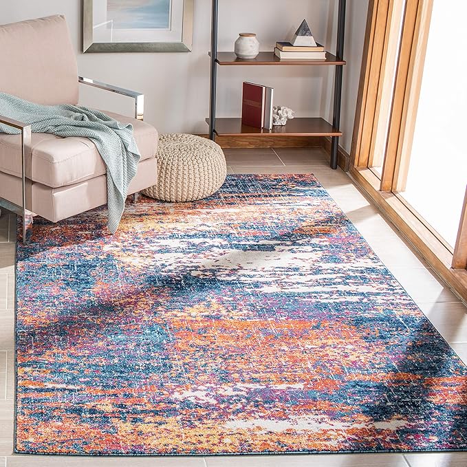 SAFAVIEH Evoke Collection 6'7" x 9' Navy / Orange EVK272N Modern Abstract Non-Shedding Living Room Bedroom Dining Home Office Area Rug