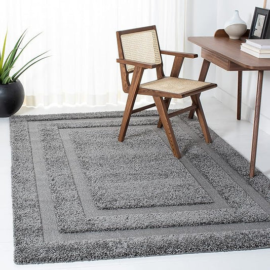 SAFAVIEH Florida Shag Collection Area Rug - 5'3" x 7'6", Grey & Grey, Border Design, Non-Shedding & Easy Care, 1.2-inch Thick Ideal for High Traffic Areas in Living Room, Bedroom (SG454-8080)