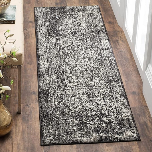 SAFAVIEH Evoke Collection 2'2" x 13' Black / Grey EVK256R Oriental Distressed Non-Shedding Living Room Bedroom Runner Rug
