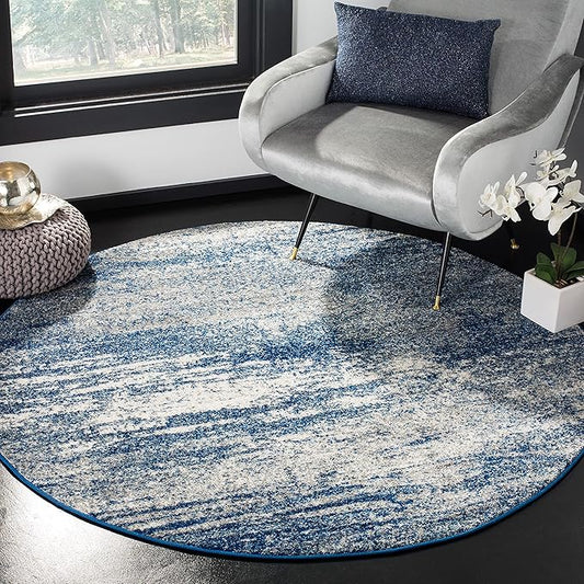 SAFAVIEH Evoke Collection Area Rug - 3' Round, Navy & Ivory, Modern Abstract Design, Non-Shedding & Easy Care, Ideal for High Traffic Areas in Living Room, Bedroom (EVK272A)