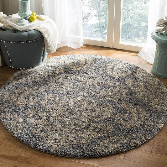 SAFAVIEH Florida Shag Collection 5' Round Grey/Beige SG460 Damask Non-Shedding Living Room Bedroom Dining Room Entryway Plush 1.2-inch Thick Area Rug