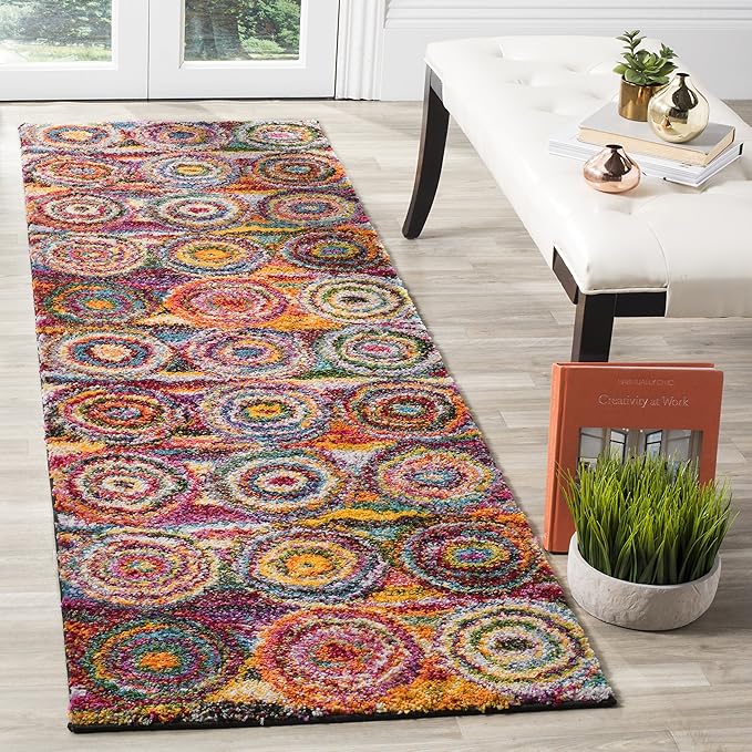 SAFAVIEH Fiesta Shag Collection 2'3" x 8' Multi FSG359M Modern Circles Abstract Non-Shedding Living Room Bedroom Dining Room Entryway Kids Runner Rug