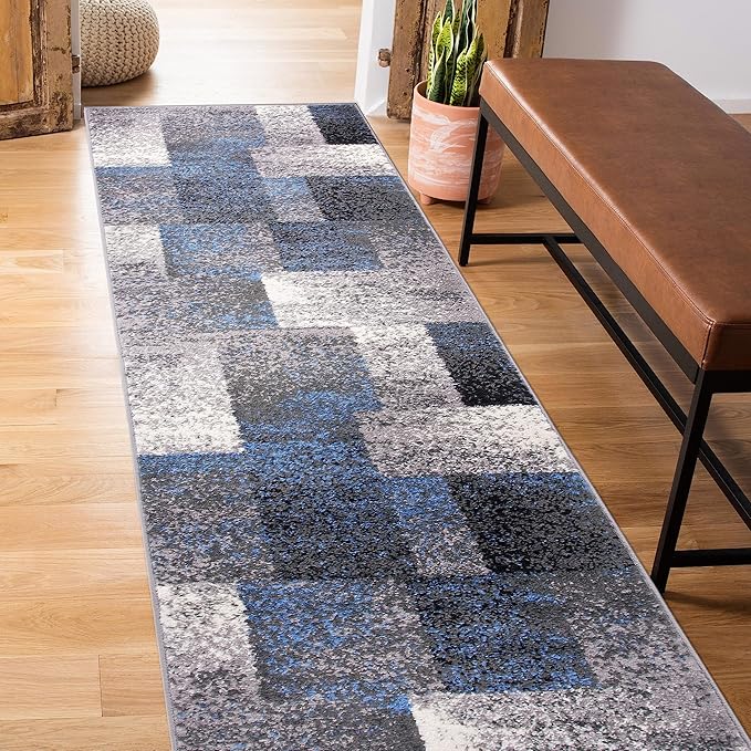 Rugshop Modern Distressed Boxes Runner Rug 2' x 7' Blue