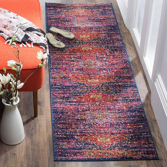 SAFAVIEH Evoke Collection 2'2" x 9' Blue / Fuchsia EVK275F Oriental Medallion Distressed Non-Shedding Living Room Entryway Foyer Hallway Bedroom Runner Rug