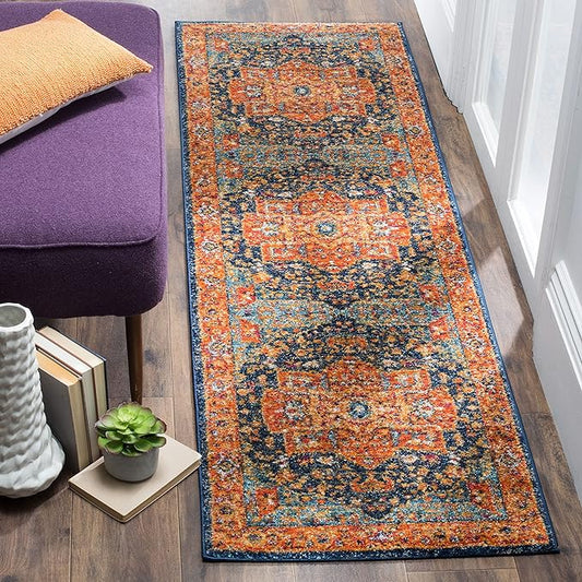 SAFAVIEH Evoke Collection 2'2" x 9' Blue/Orange EVK275C Oriental Medallion Distressed Non-Shedding Living Room Entryway Foyer Hallway Bedroom Runner Rug