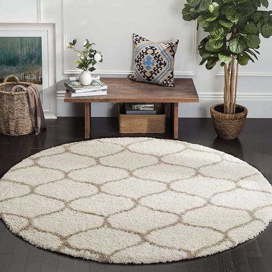 SAFAVIEH Hudson Shag Collection 11' Round Ivory/Beige SGH280D Moroccan Ogee Trellis Non-Shedding Living Room Bedroom Dining Room Entryway Plush 2-inch Thick Area Rug