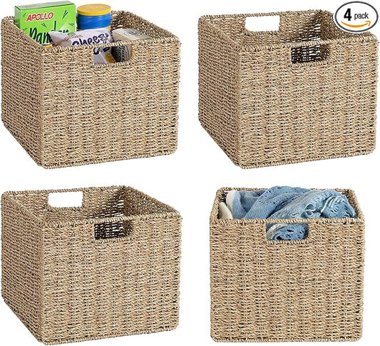 12x12x10in Seagrass Storage Baskets Set of 4, Large Wicker Storage Basket, Decorative Seagrass Shelf Basket, Pantry Baskets Organization,Folding Storage Cube Bins