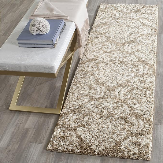 SAFAVIEH Florida Shag Collection Runner Rug - 2'3" x 21', Beige & Cream, Damask Design, Non-Shedding & Easy Care, 1.2-inch Thick Ideal for High Traffic Areas in Living Room, Bedroom (SG460-1311)