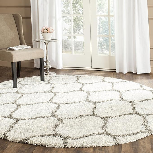 SAFAVIEH Hudson Shag Collection 11' Round Ivory/Grey SGH280A Moroccan Ogee Trellis Non-Shedding Living Room Bedroom Dining Room Entryway Plush 2-inch Thick Area Rug