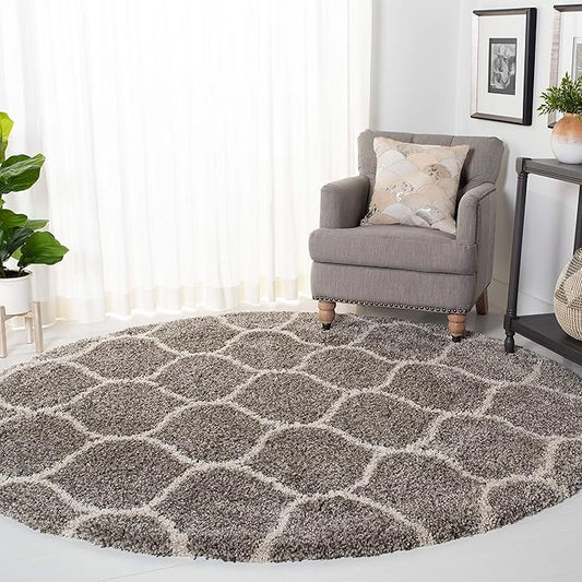 SAFAVIEH Hudson Shag Collection 11' Round Grey/Ivory SGH280B Moroccan Ogee Trellis Non-Shedding Living Room Bedroom Dining Room Entryway Plush 2-inch Thick Area Rug