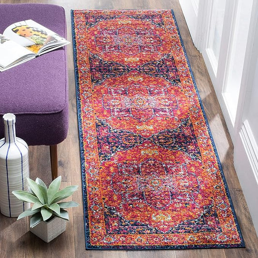 SAFAVIEH Evoke Collection 2'2" x 13' Fuchsia / Orange EVK275S Oriental Medallion Distressed Non-Shedding Living Room Bedroom Runner Rug