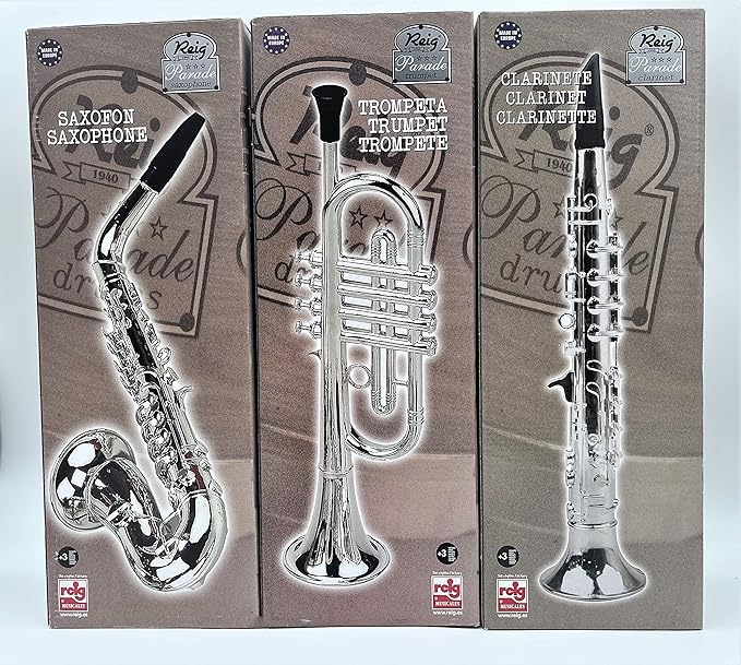 Toy Instruments Set Trumpet, Saxophone and Clarient with Standard Keys in Perfect Pitch are Easy and intuitive to Create Real Music. Instruments Measures 16 inches in Length.
