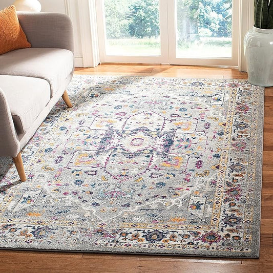 SAFAVIEH Evoke Collection Area Rug - 9' x 12', Grey & Grey, Oriental Medallion Distressed Design, Non-Shedding & Easy Care, Ideal for High Traffic Areas in Living Room, Bedroom (EVK275H)
