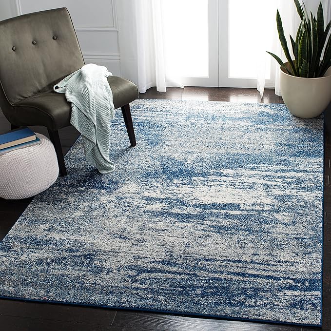 SAFAVIEH Evoke Collection Area Rug - 11' Square, Navy & Ivory, Modern Abstract Design, Non-Shedding & Easy Care, Ideal for High Traffic Areas in Living Room, Bedroom (EVK272A)