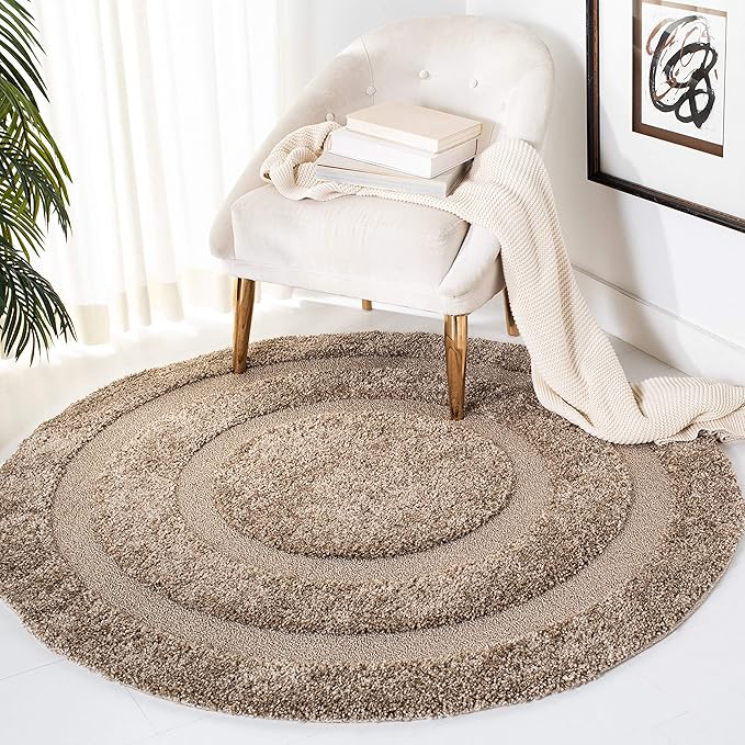 SAFAVIEH Florida Shag Collection Area Rug - 4' Round, Beige & Beige, Border Design, Non-Shedding & Easy Care, 1.2-inch Thick Ideal for High Traffic Areas in Living Room, Bedroom (SG454-1313)