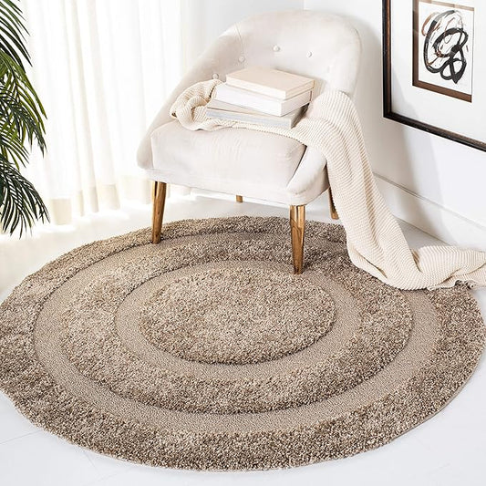 SAFAVIEH Florida Shag Collection Area Rug - 4' Round, Beige & Beige, Border Design, Non-Shedding & Easy Care, 1.2-inch Thick Ideal for High Traffic Areas in Living Room, Bedroom (SG454-1313)