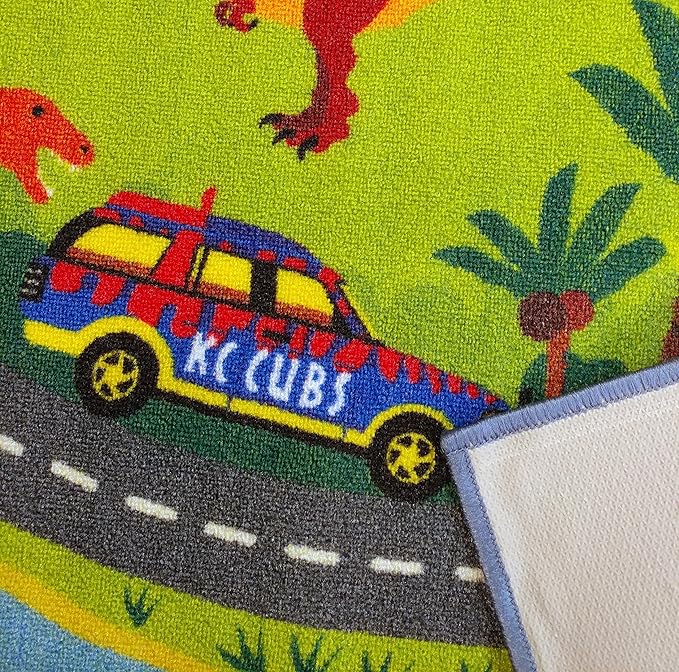 KC Cubs 8x10 Dinosaur Toy Car Dino Road Rug – Educational Play Mat Carpet for Kids, Toddlers, Nursery, Classroom, Playroom, Baby Daycare, Boys & Girls